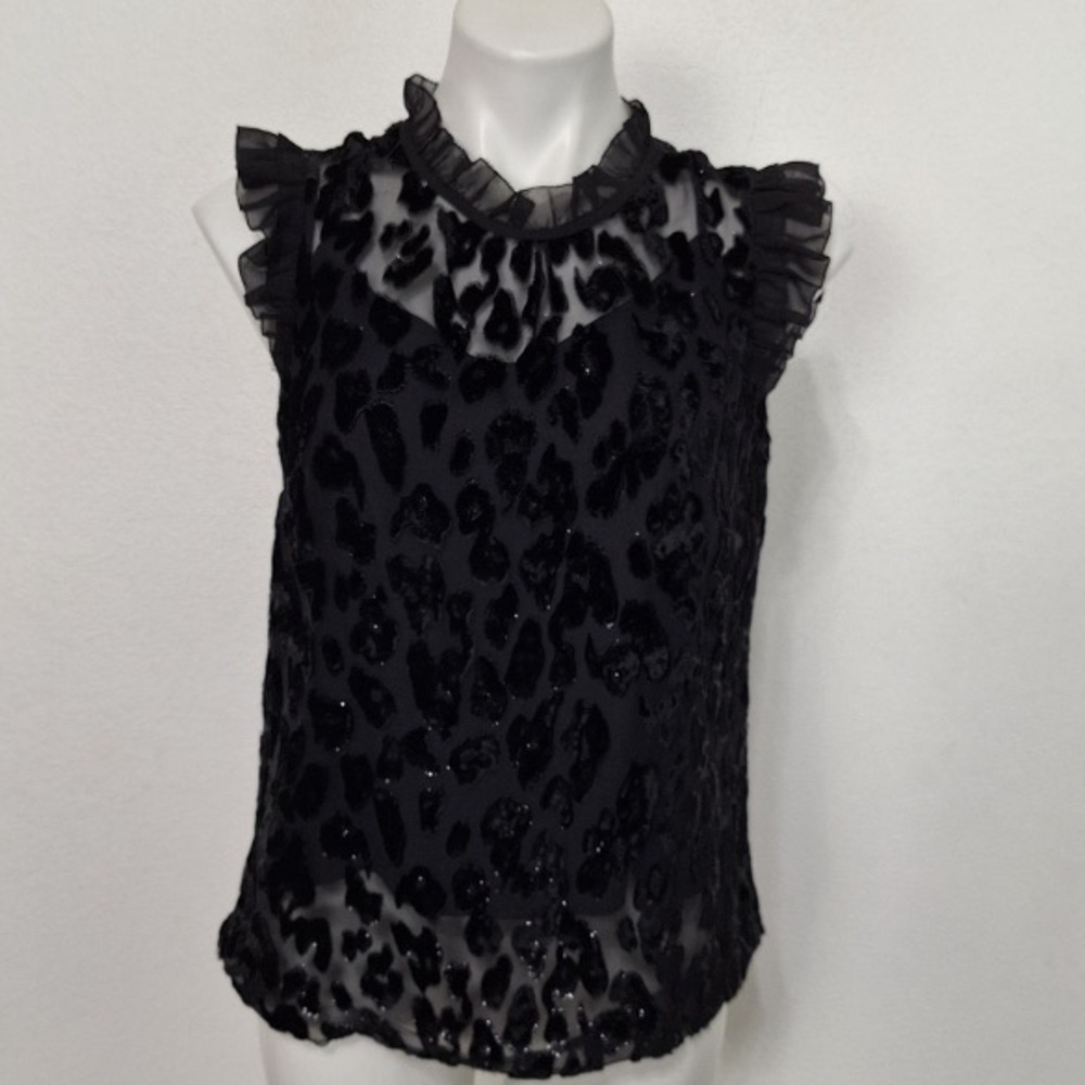 J.Crew Black Whimsigoth Flocked Velvet Leopard Print Sheer Ruffle Neck Top Sz.4
